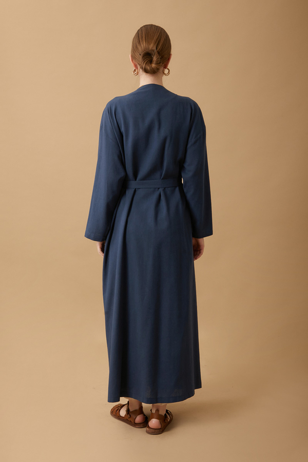 Pleated Collar Linen Abaya Navy Blue - 18