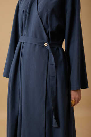 Pleated Collar Linen Abaya Navy Blue - 15