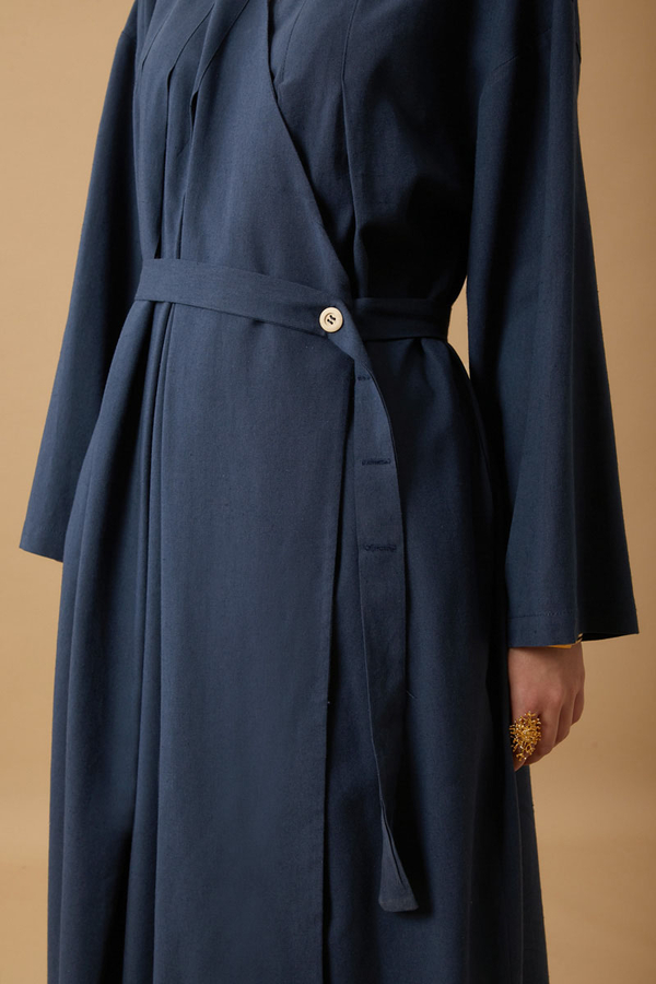 Pleated Collar Linen Abaya Navy Blue - 15