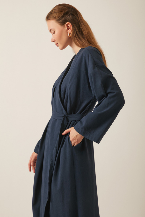 Pleated Collar Linen Abaya Navy Blue - 7