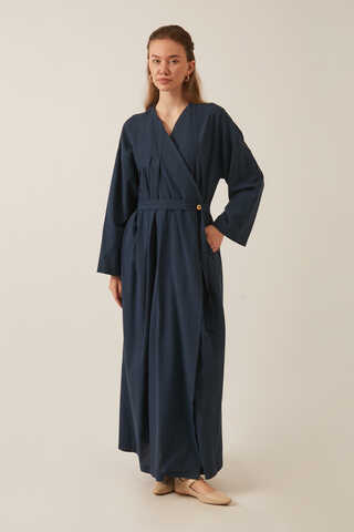Pleated Collar Linen Abaya Navy Blue - 8