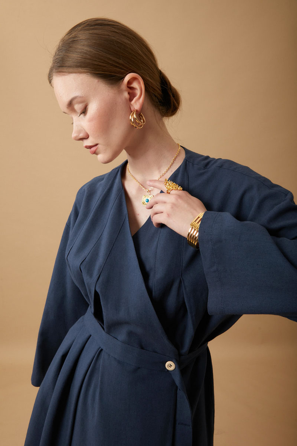 Pleated Collar Linen Abaya Navy Blue - 13