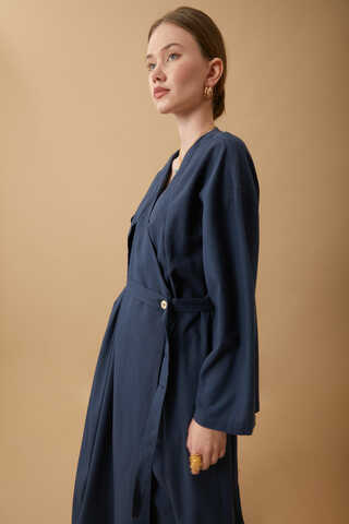 Pleated Collar Linen Abaya Navy Blue - 17