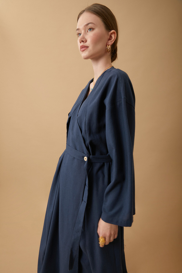 Pleated Collar Linen Abaya Navy Blue - 17