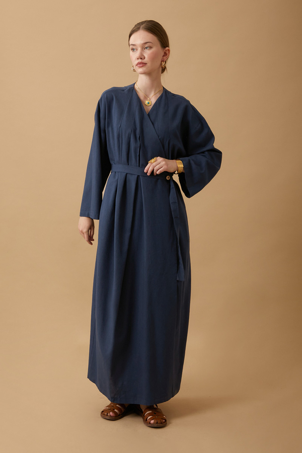 Pleated Collar Linen Abaya Navy Blue - 12