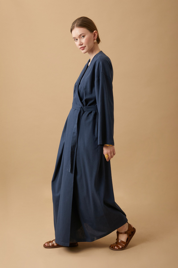 Pleated Collar Linen Abaya Navy Blue - 14