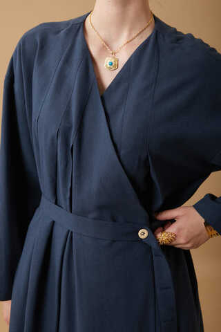 Pleated Collar Linen Abaya Navy Blue - 16