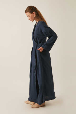 Pleated Collar Linen Abaya Navy Blue - 3