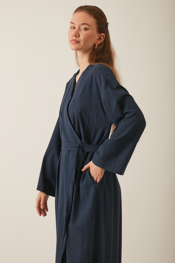 Pleated Collar Linen Abaya Navy Blue - 4