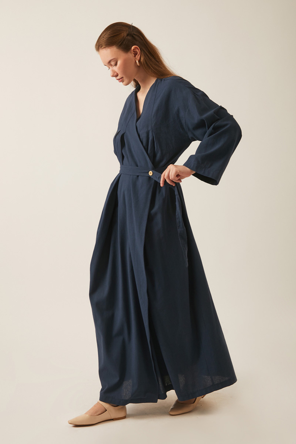 Pleated Collar Linen Abaya Navy Blue - 5