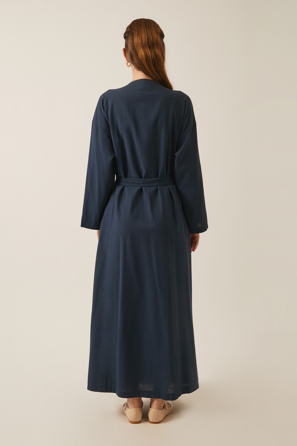 Pleated Collar Linen Abaya Navy Blue - 11