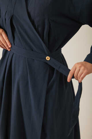 Pleated Collar Linen Abaya Navy Blue - 10
