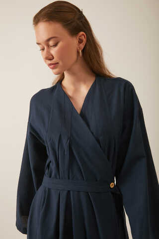 Pleated Collar Linen Abaya Navy Blue - 6