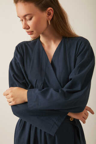 Pleated Collar Linen Abaya Navy Blue - 2