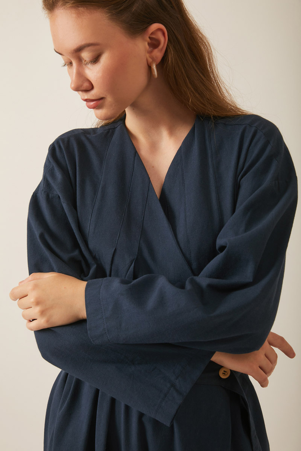 Pleated Collar Linen Abaya Navy Blue - 2