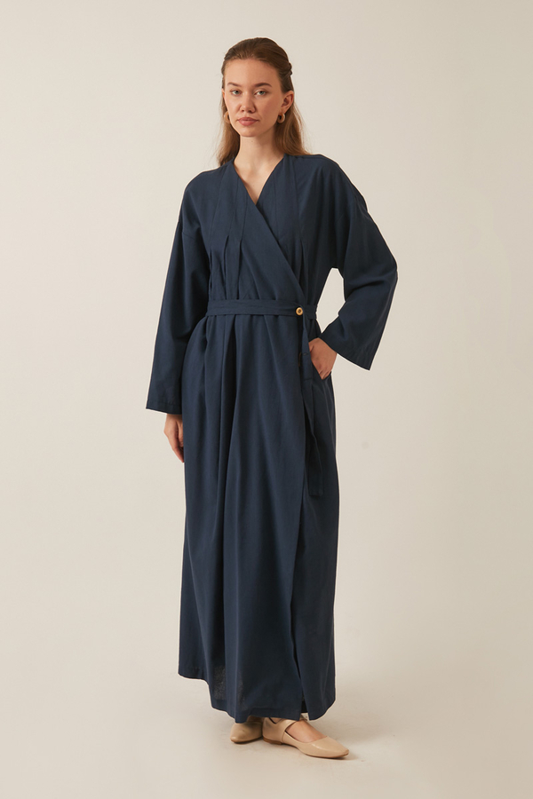 Pleated Collar Linen Abaya Navy Blue - 8