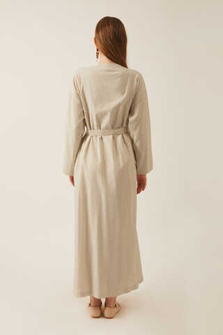 Pleated Collar Linen Abaya Stone - 10