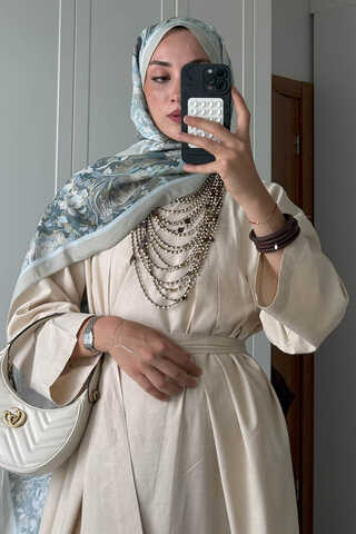 Pleated Collar Linen Abaya Stone - 13