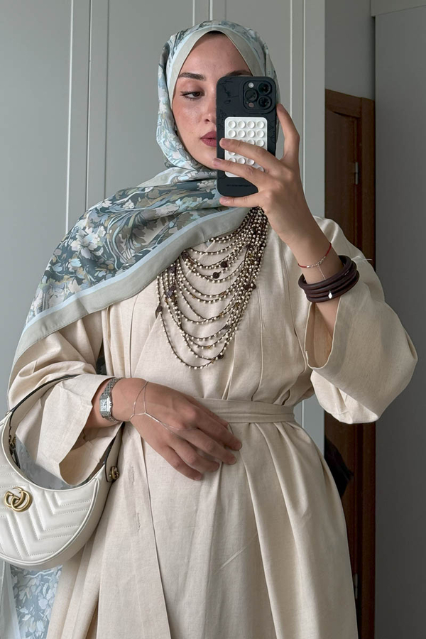 Pleated Collar Linen Abaya Stone - 13