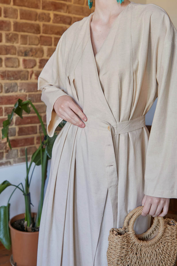 Pleated Collar Linen Abaya Stone - 14