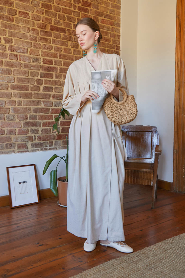 Pleated Collar Linen Abaya Stone - 17