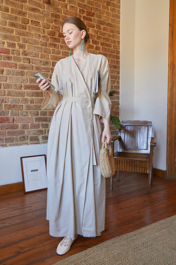 Pleated Collar Linen Abaya Stone - 12