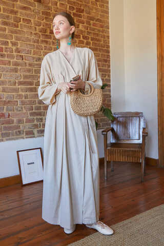 Pleated Collar Linen Abaya Stone - 15