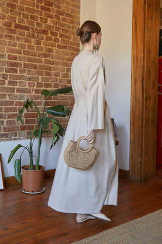 Pleated Collar Linen Abaya Stone - 19