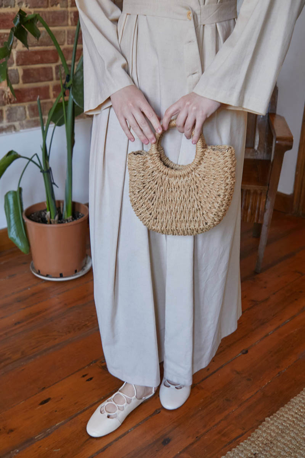 Pleated Collar Linen Abaya Stone - 16