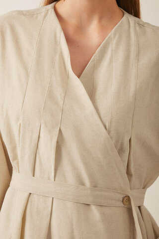 Pleated Collar Linen Abaya Stone - 5