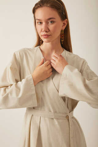 Pleated Collar Linen Abaya Stone - 3