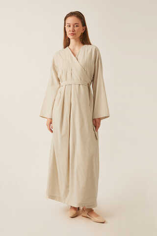 Pleated Collar Linen Abaya Stone - 2