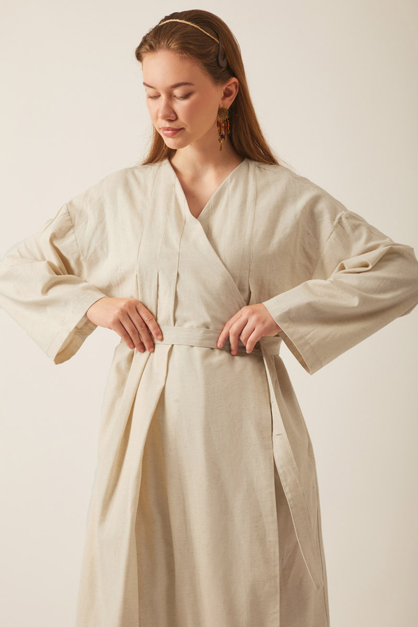Pleated Collar Linen Abaya Stone - 9