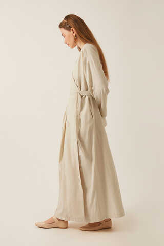 Pleated Collar Linen Abaya Stone - 11