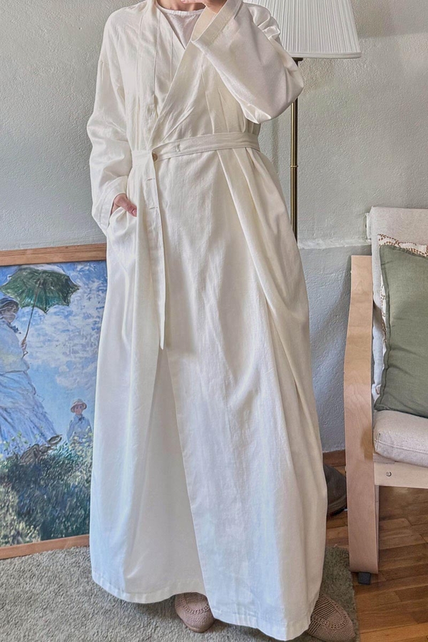  Pleated Collar Linen Abaya White - 14