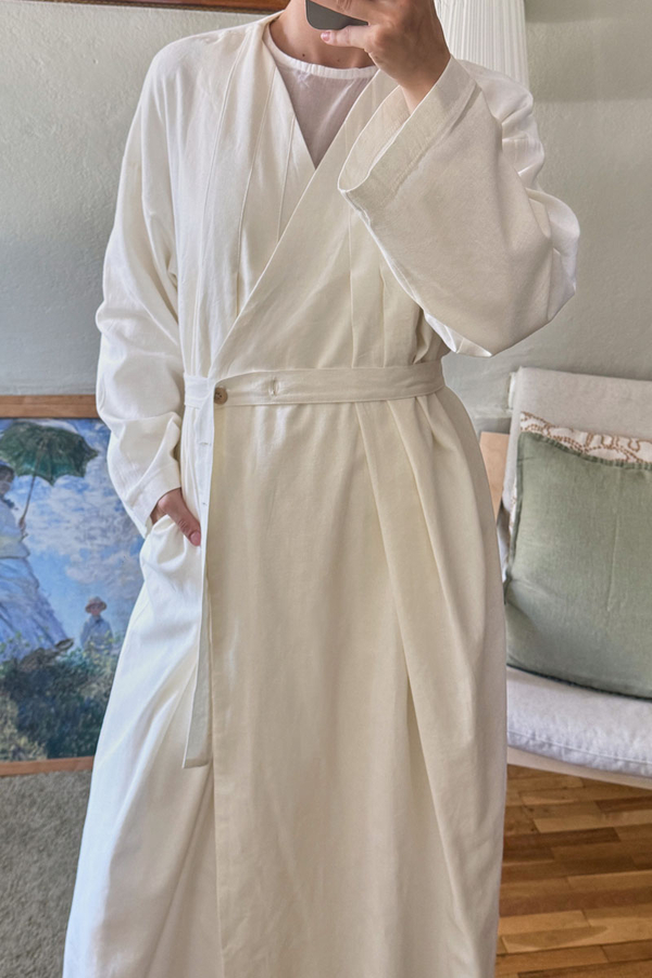  Pleated Collar Linen Abaya White - 13