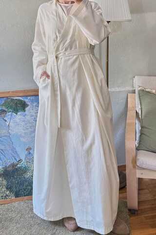  Pleated Collar Linen Abaya White - 14