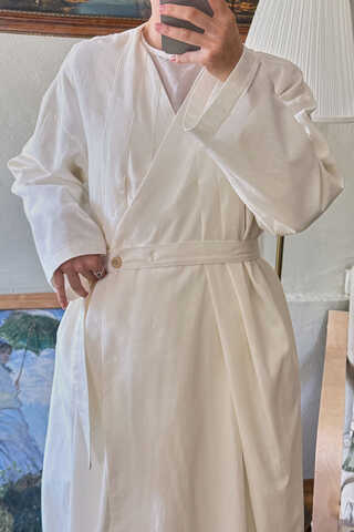  Pleated Collar Linen Abaya White - 15