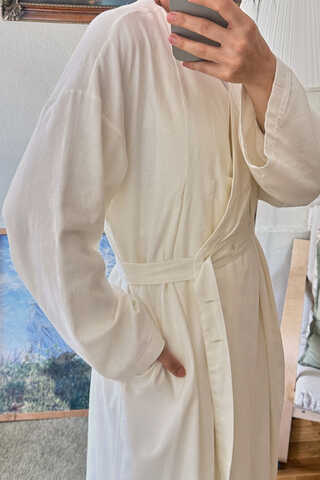  Pleated Collar Linen Abaya White - 16