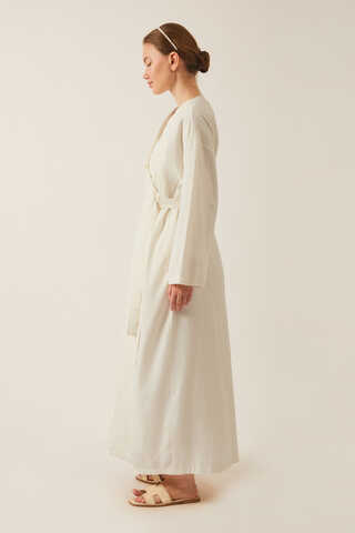  Pleated Collar Linen Abaya White - 10