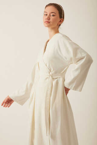  Pleated Collar Linen Abaya White - 1