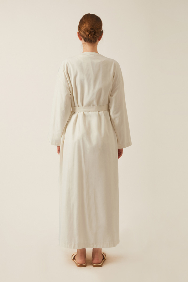  Pleated Collar Linen Abaya White - 11