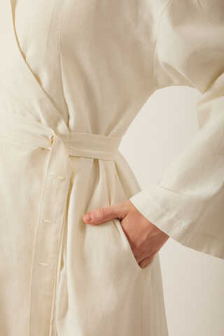  Pleated Collar Linen Abaya White - 6