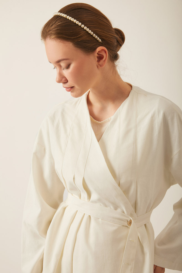  Pleated Collar Linen Abaya White - 8