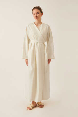  Pleated Collar Linen Abaya White - 2