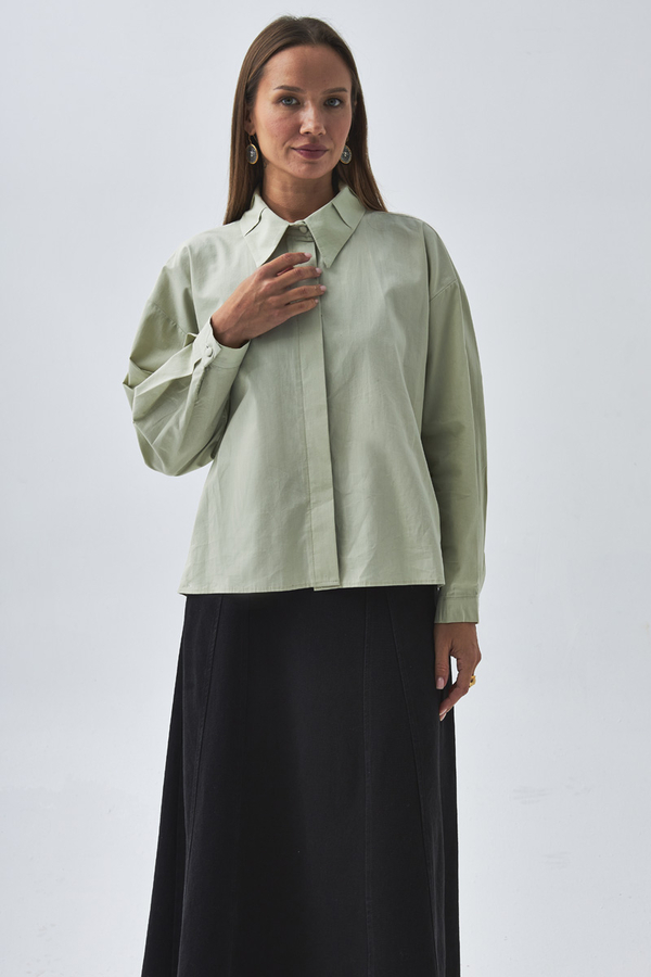 Pleated Collar Shirt Light Green - 5
