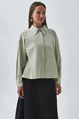 Pleated Collar Shirt Light Green - 2