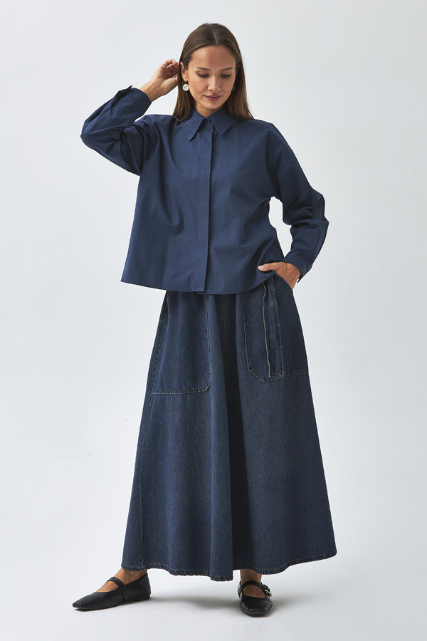 Pleated Collar Shirt Navy Blue (1)