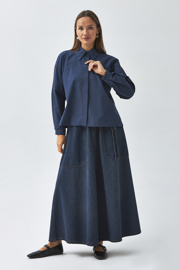 Pleated Collar Shirt Navy Blue - 3