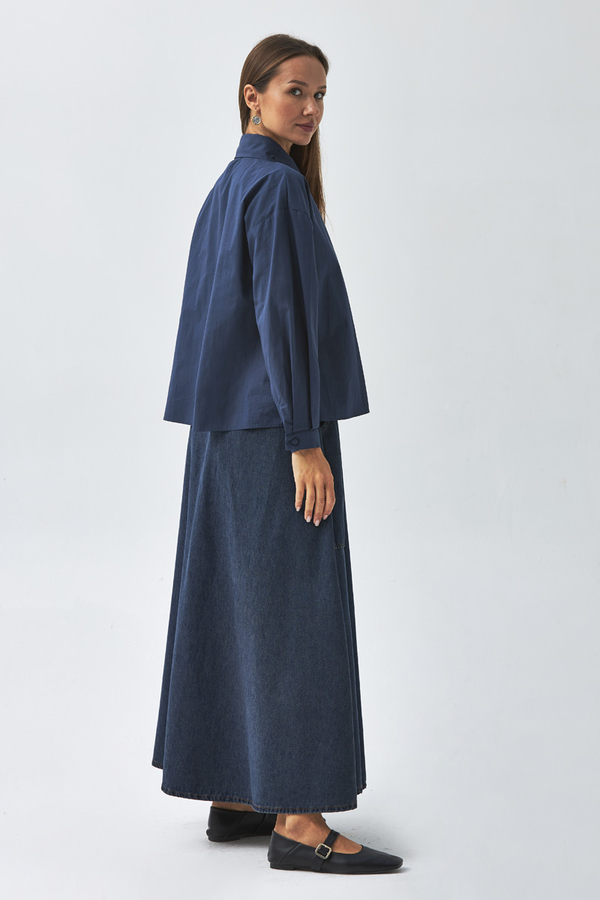 Pleated Collar Shirt Navy Blue - 6